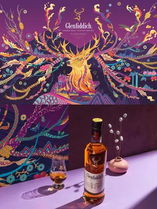 Whisky bottle and glass with colorful stag art by Yixin Zeng
