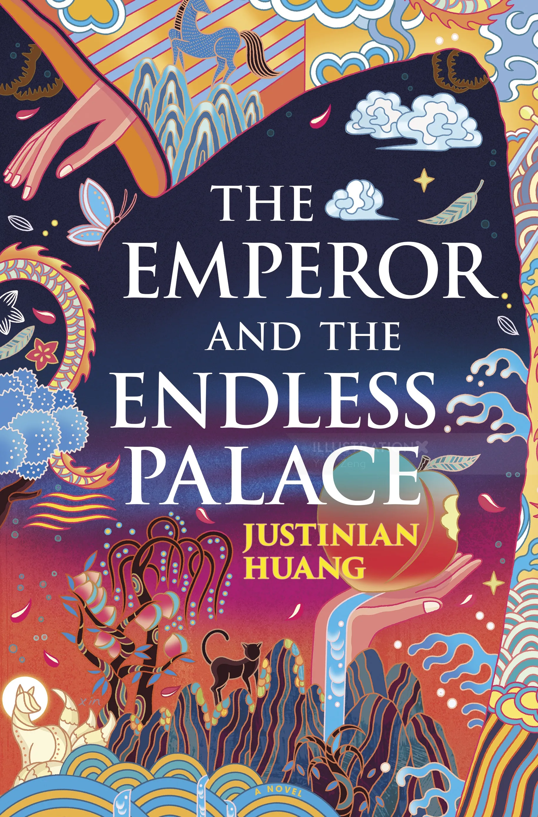 Colorful book cover illustration with clouds, waves, and patterns for The Emperor and the Endless Pa