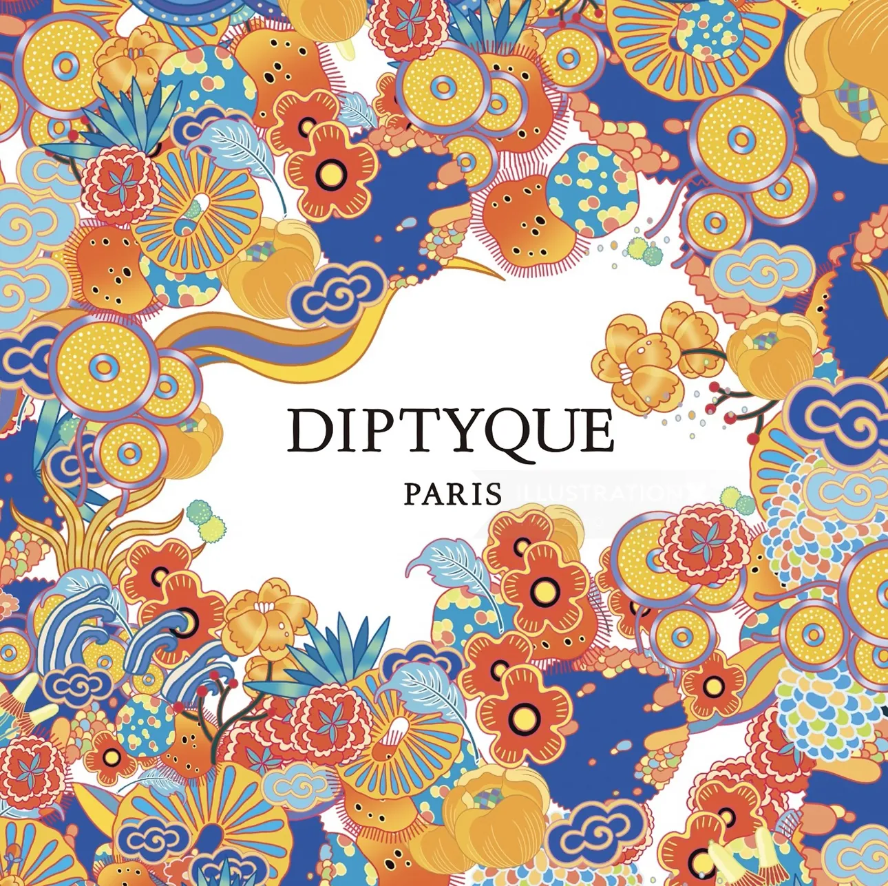 Vibrant multicolor floral and abstract pattern with Diptyque Paris text