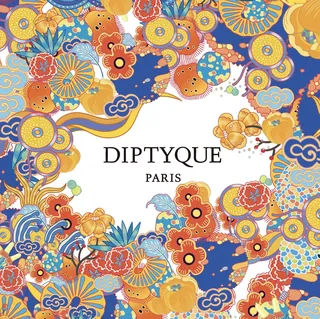 Vibrant multicolor floral and abstract pattern with Diptyque Paris text
