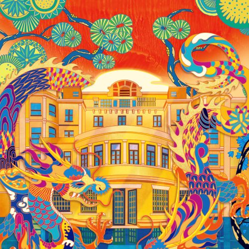Bright Asian dragons swirling around a traditional yellow building with water below.