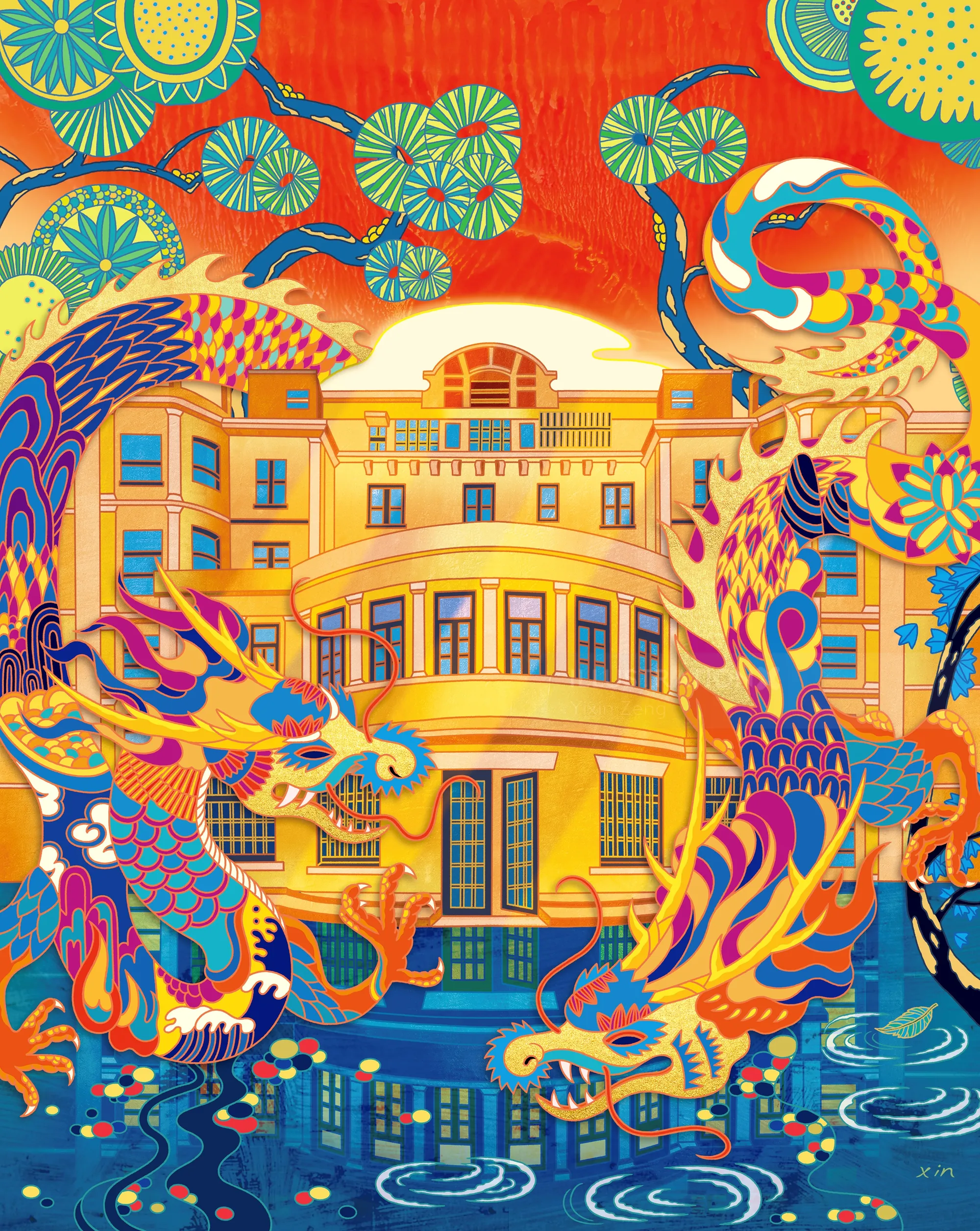 Bright Asian dragons swirling around a traditional yellow building with water below.