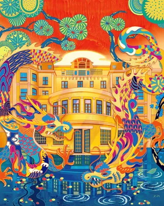 Bright Asian dragons swirling around a traditional yellow building with water below.