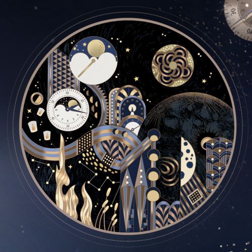 Abstract dark space scene with planets, stars, and geometric patterns
