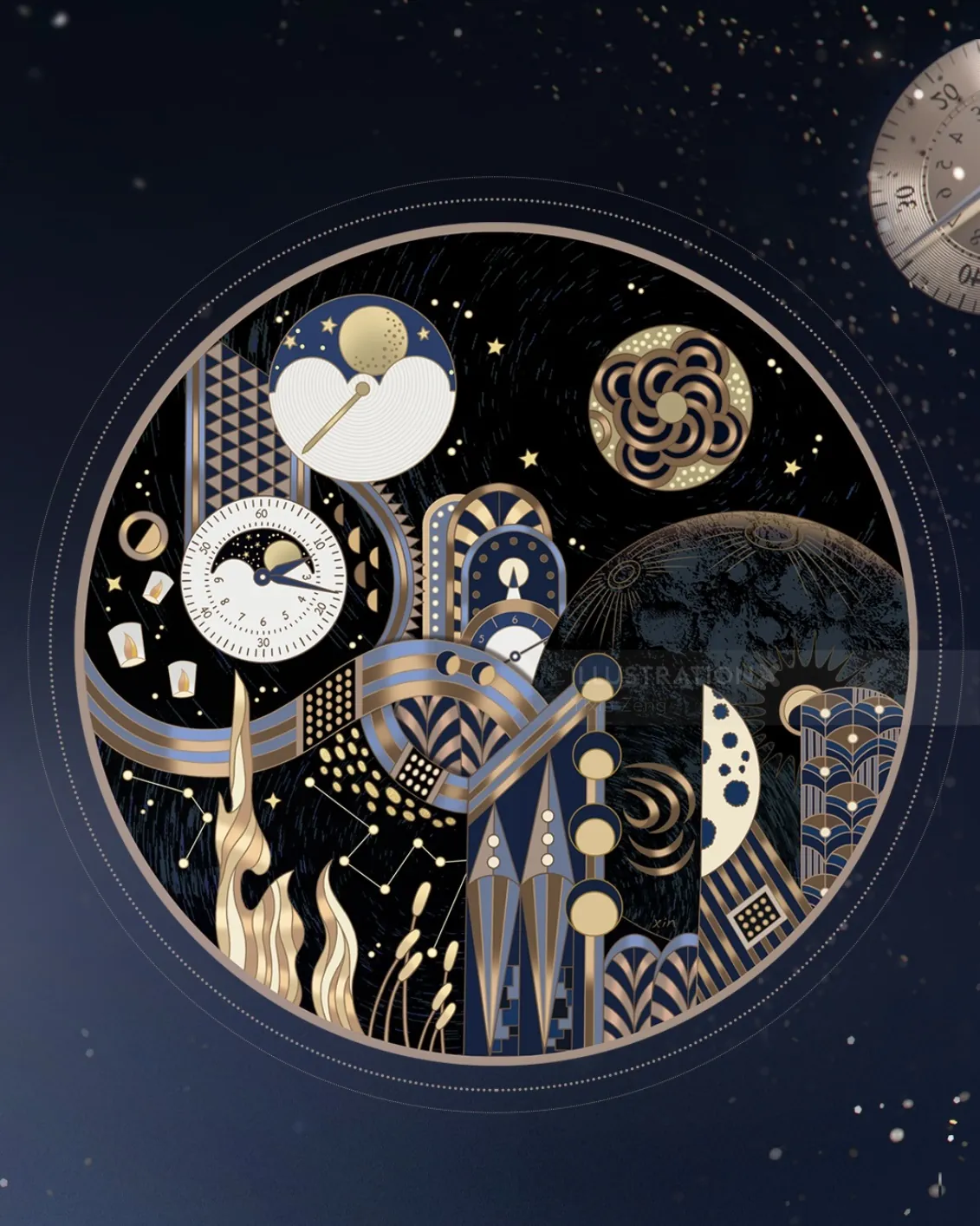Abstract dark space scene with planets, stars, and geometric patterns