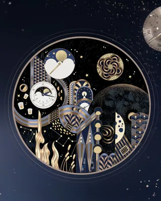Abstract dark space scene with planets, stars, and geometric patterns
