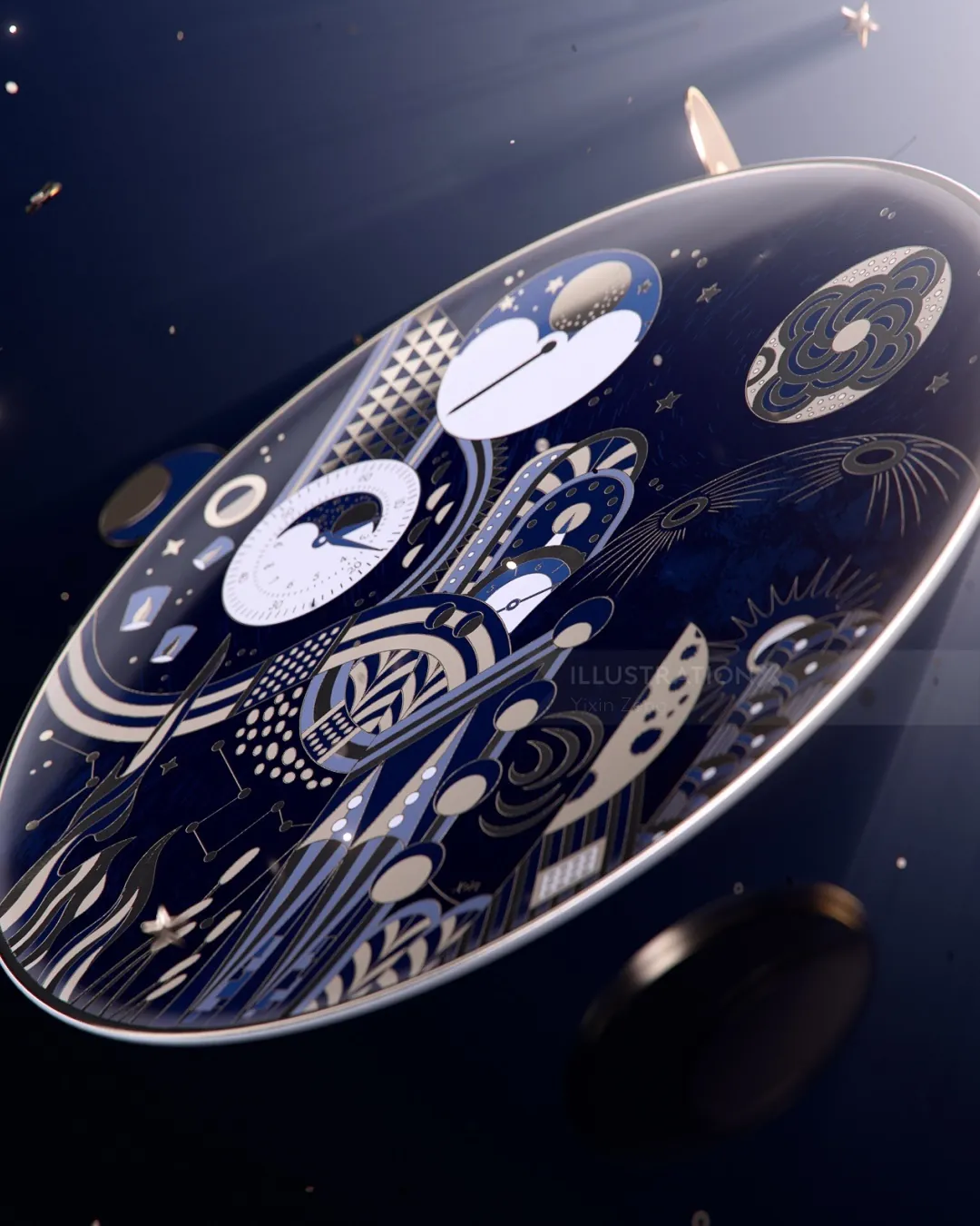 Detailed close-up of a stylish wristwatch face with abstract designs