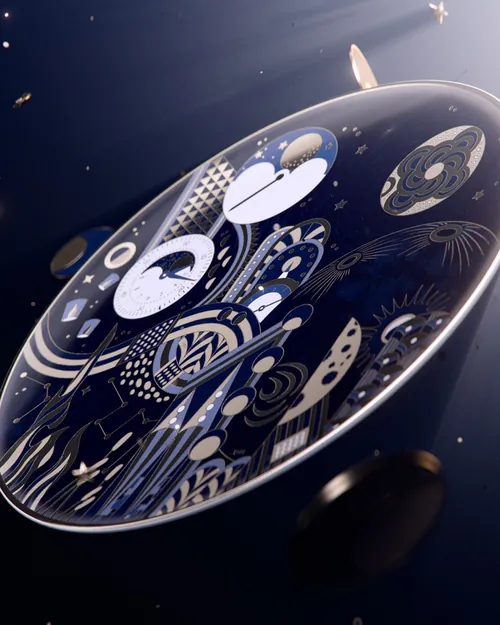 Detailed close-up of a stylish wristwatch face with abstract designs