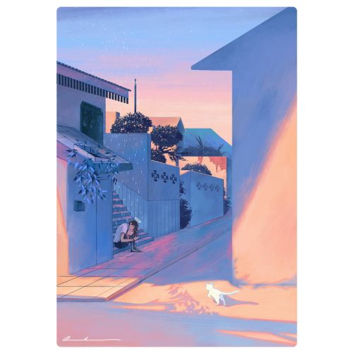 Person sitting in a quiet alley at sunset with a dog nearby