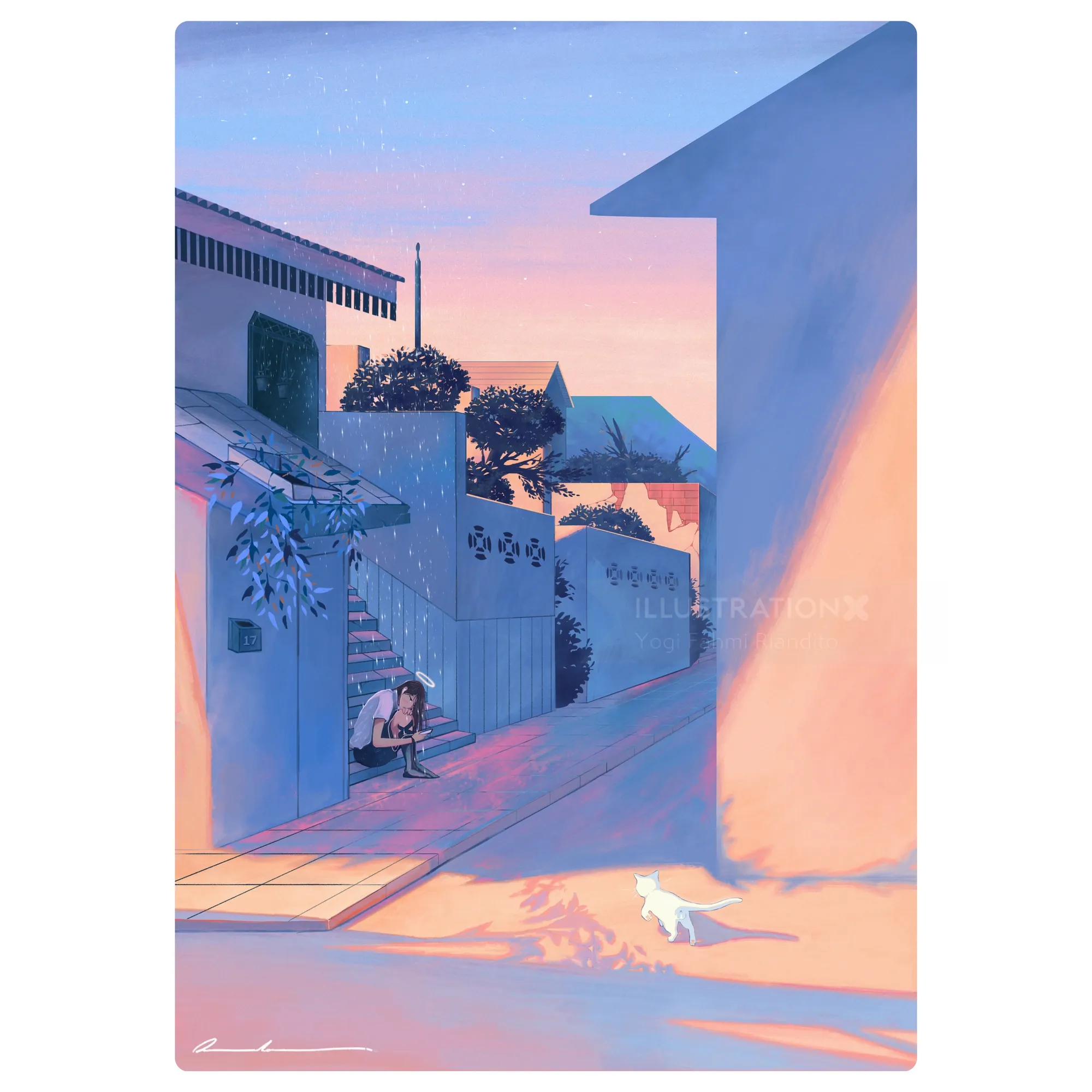 Person sitting in a quiet alley at sunset with a dog nearby