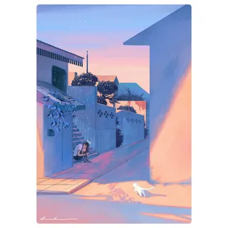 Person sitting in a quiet alley at sunset with a dog nearby