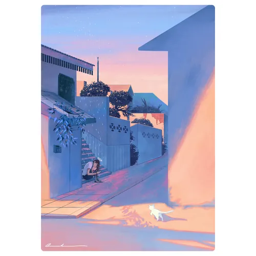 Person sitting in a quiet alley at sunset with a dog nearby
