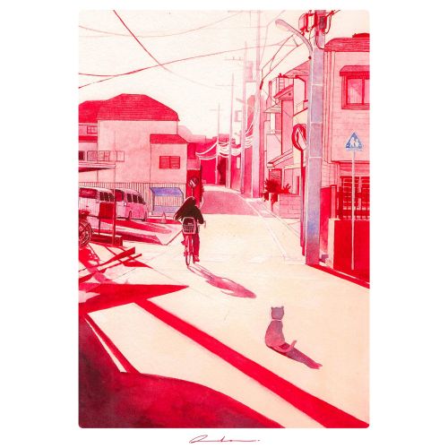 A watercolor painting of a street with a red theme
