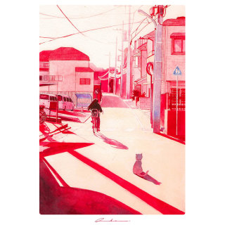 A watercolor painting of a street with a red theme
