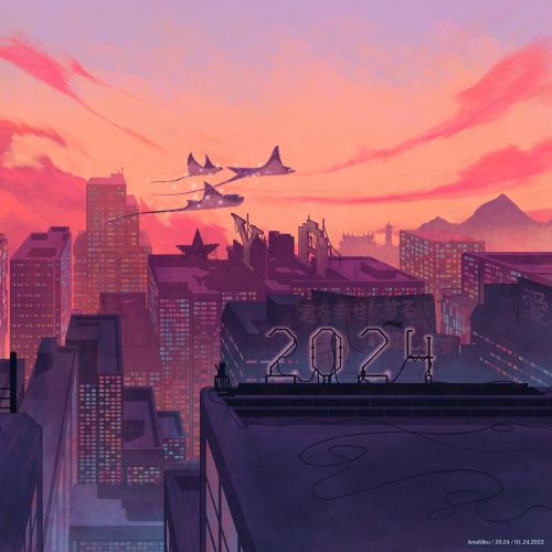Boy watching colorful dream on rooftop at sunset over city skyline