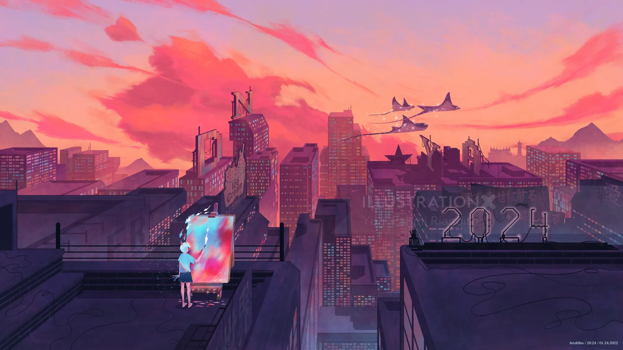 Boy watching colorful dream on rooftop at sunset over city skyline