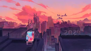 Boy watching colorful dream on rooftop at sunset over city skyline