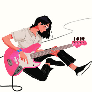 Pintura em quadrinhos de uma senhora guitarrista