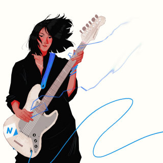 Pintura de uma guitarrista feminina em estilo cômico