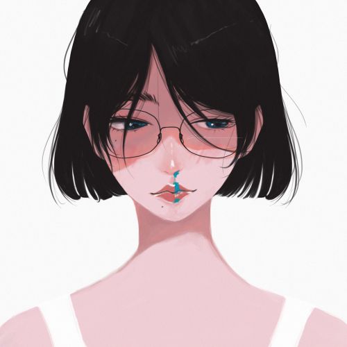 Young woman with glasses and a blue butterfly on her lips
