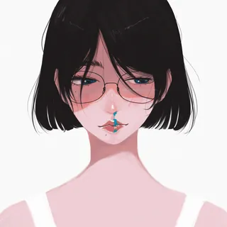 Young woman with glasses and a blue butterfly on her lips