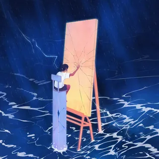 Person touching cracked mirror surrounded by stormy water at night