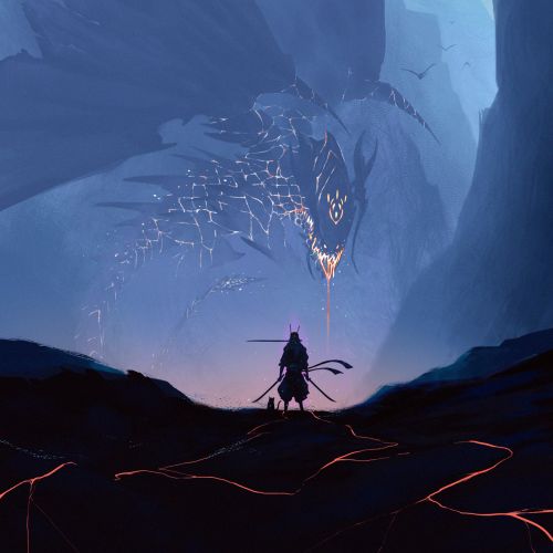Warrior confronting a massive dragon in a dark rocky canyon.
