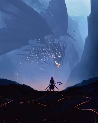 Warrior confronting a massive dragon in a dark rocky canyon.