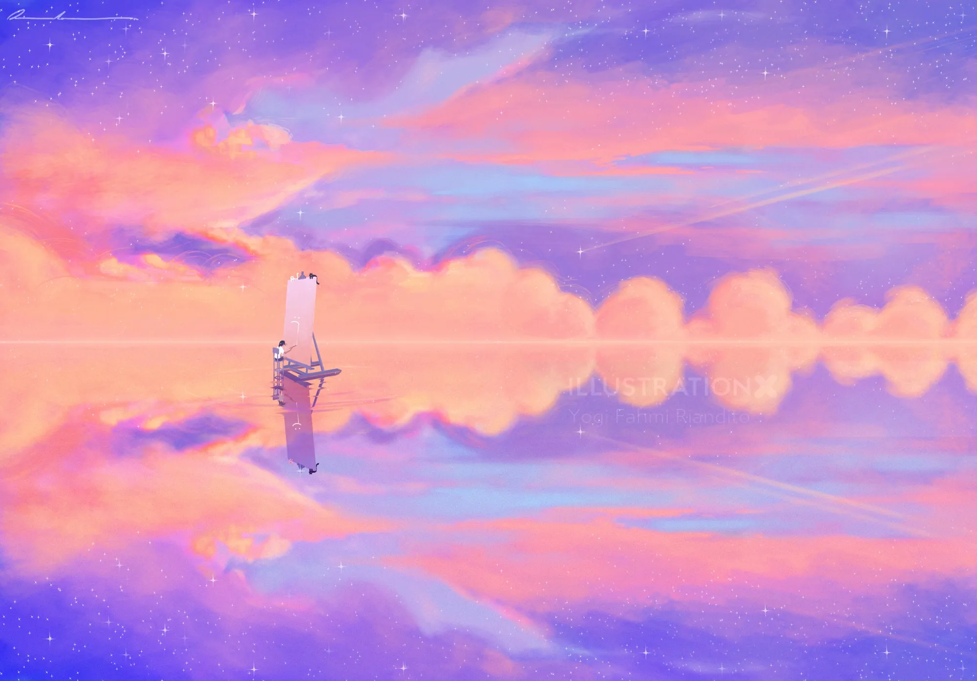 Sailboat floating on calm water reflecting pink and purple sky