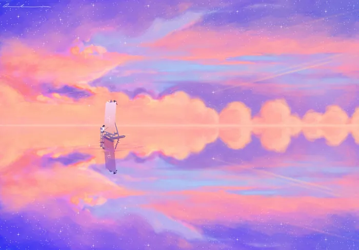 Sailboat floating on calm water reflecting pink and purple sky