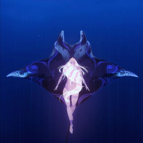 Glowing girl swimming underwater with a large manta ray