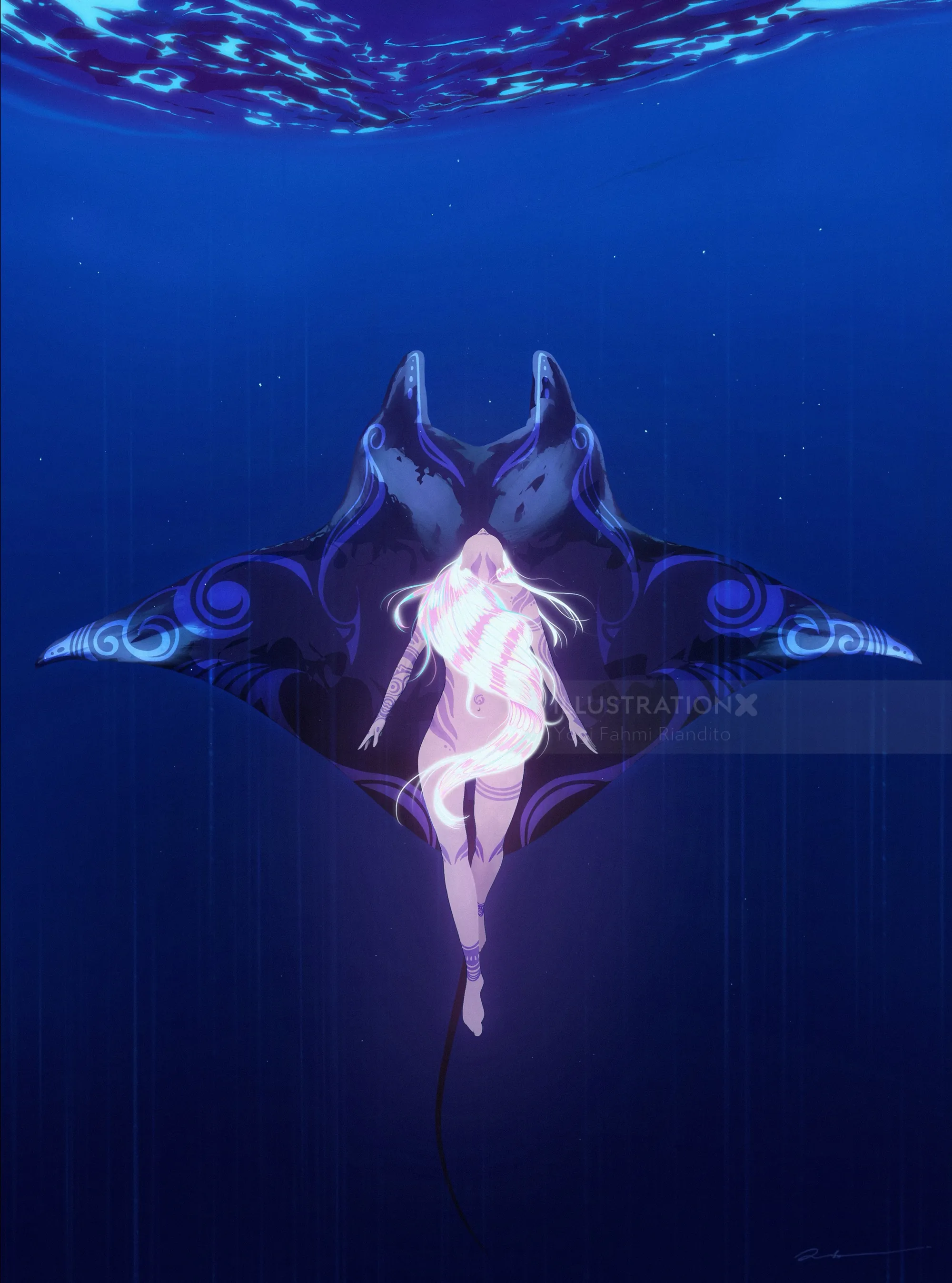 Glowing girl swimming underwater with a large manta ray