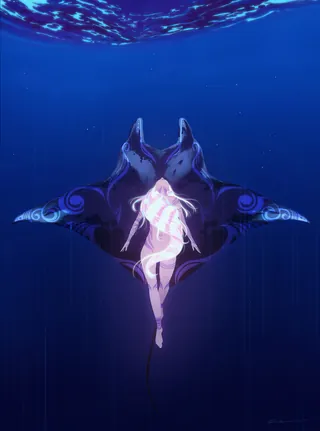 Glowing girl swimming underwater with a large manta ray