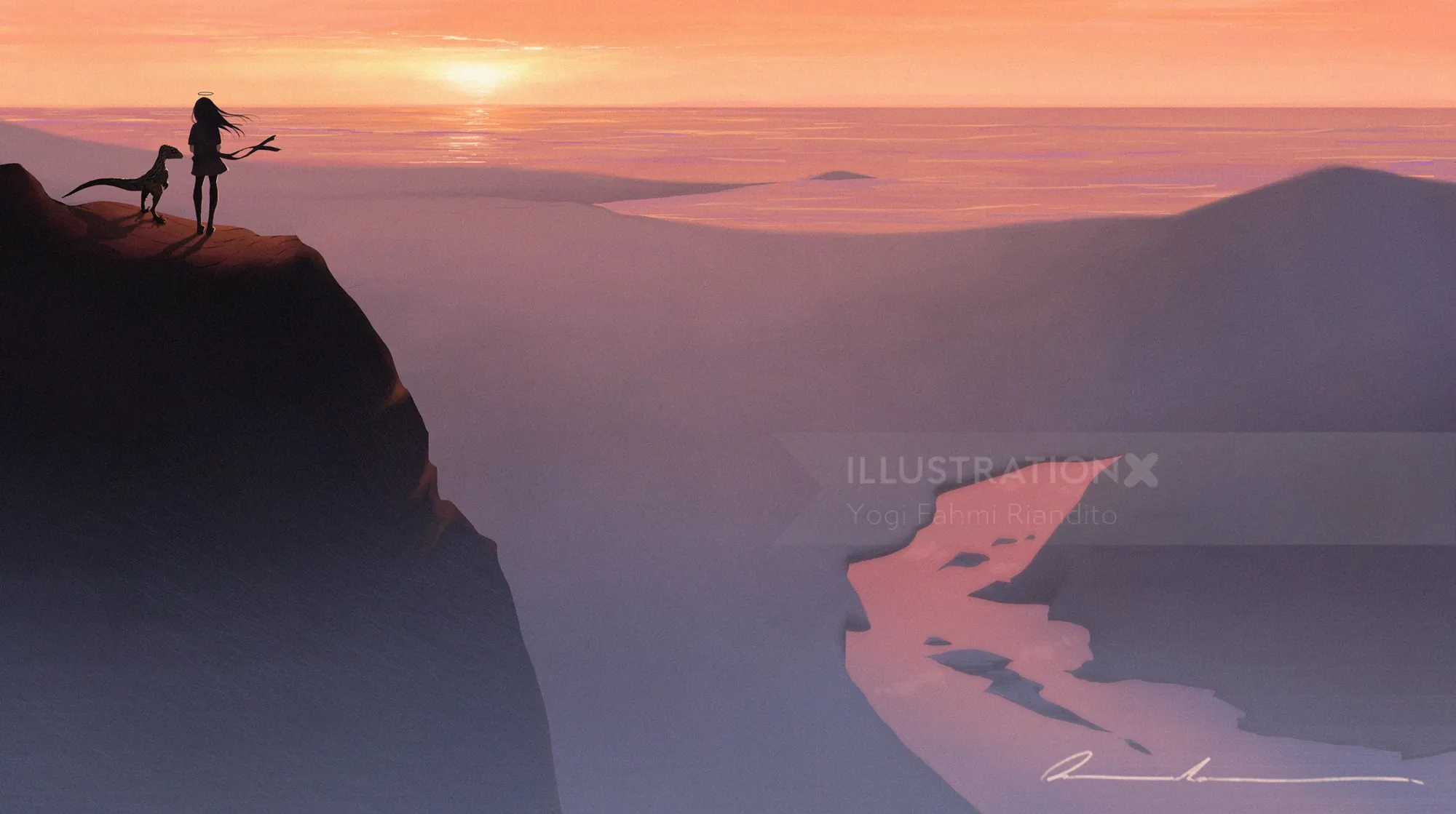 Silhouettes of two people and a dog on cliff at sunset over river