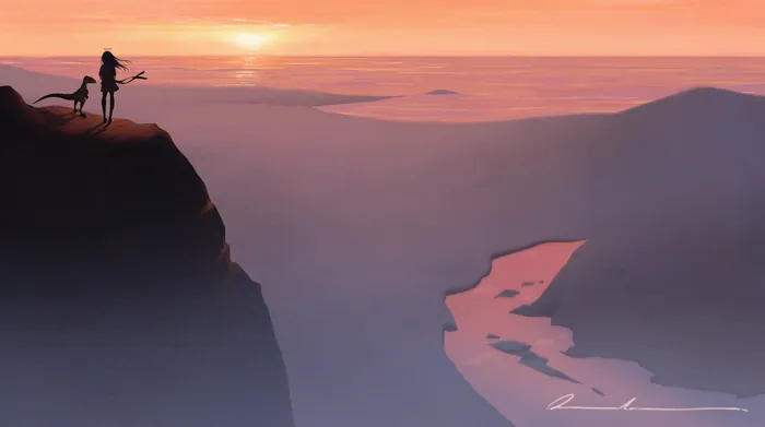 Silhouettes of two people and a dog on cliff at sunset over river