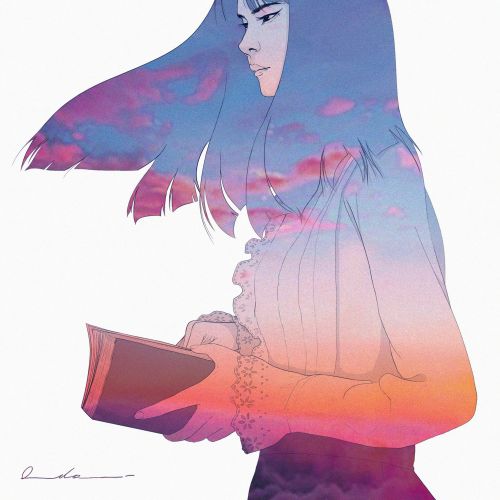 Woman holding a book with hair merging into a colorful sunset sky