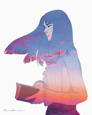 Woman holding a book with hair merging into a colorful sunset sky
