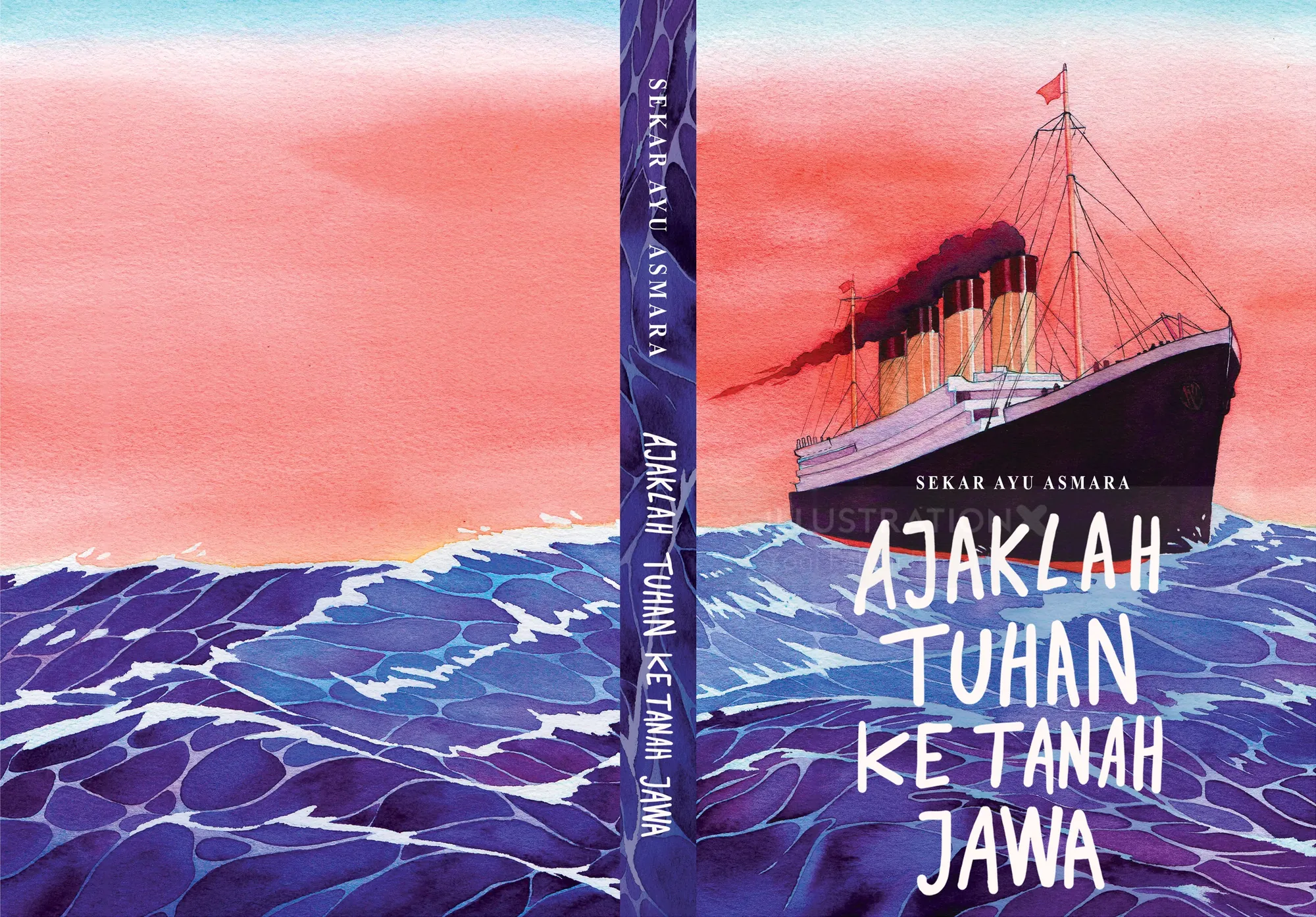 Ship sailing on ocean at sunset with Indonesian book title text