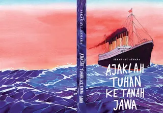 Ship sailing on ocean at sunset with Indonesian book title text