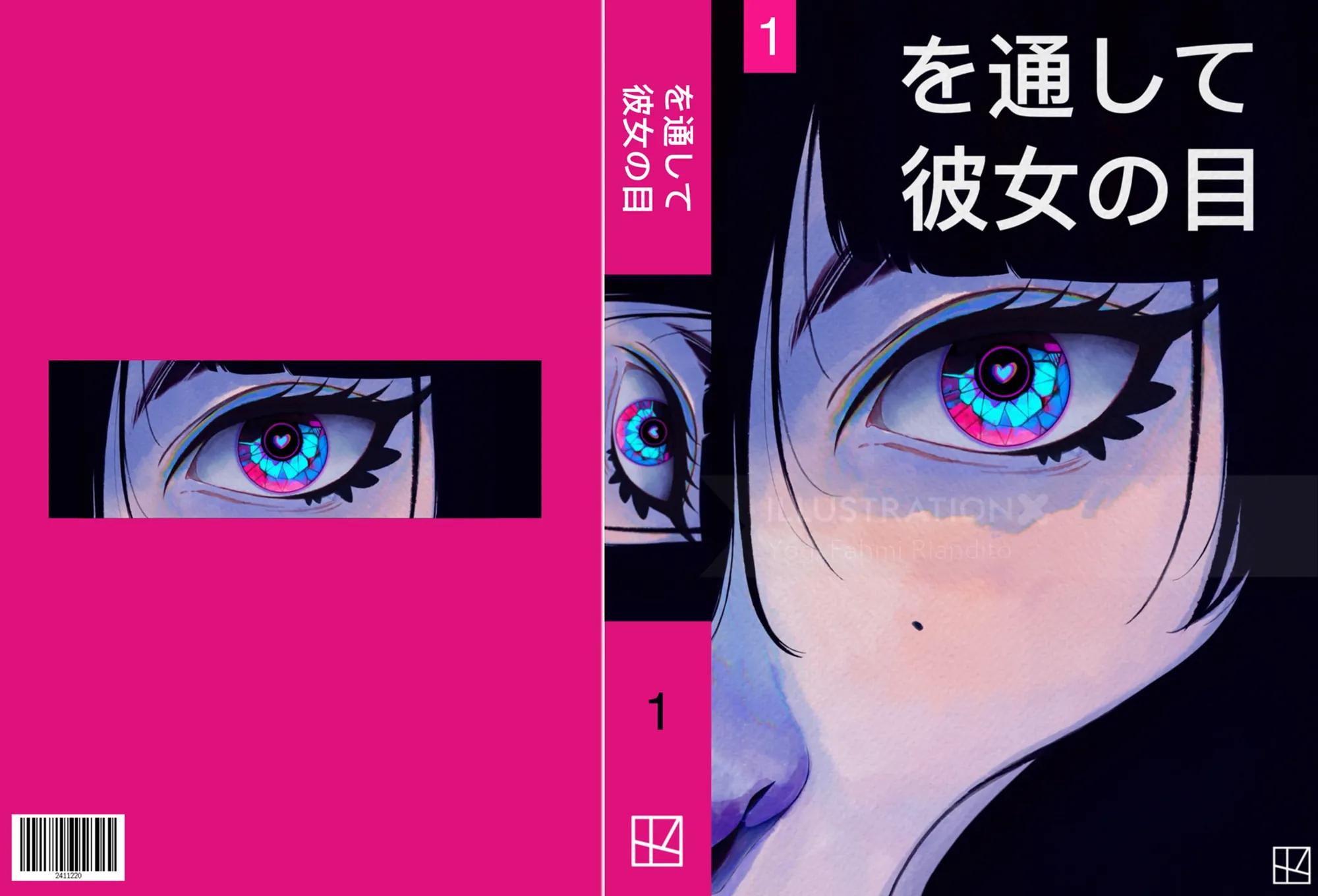 Close-up of an anime-style blue eye with vibrant pink background