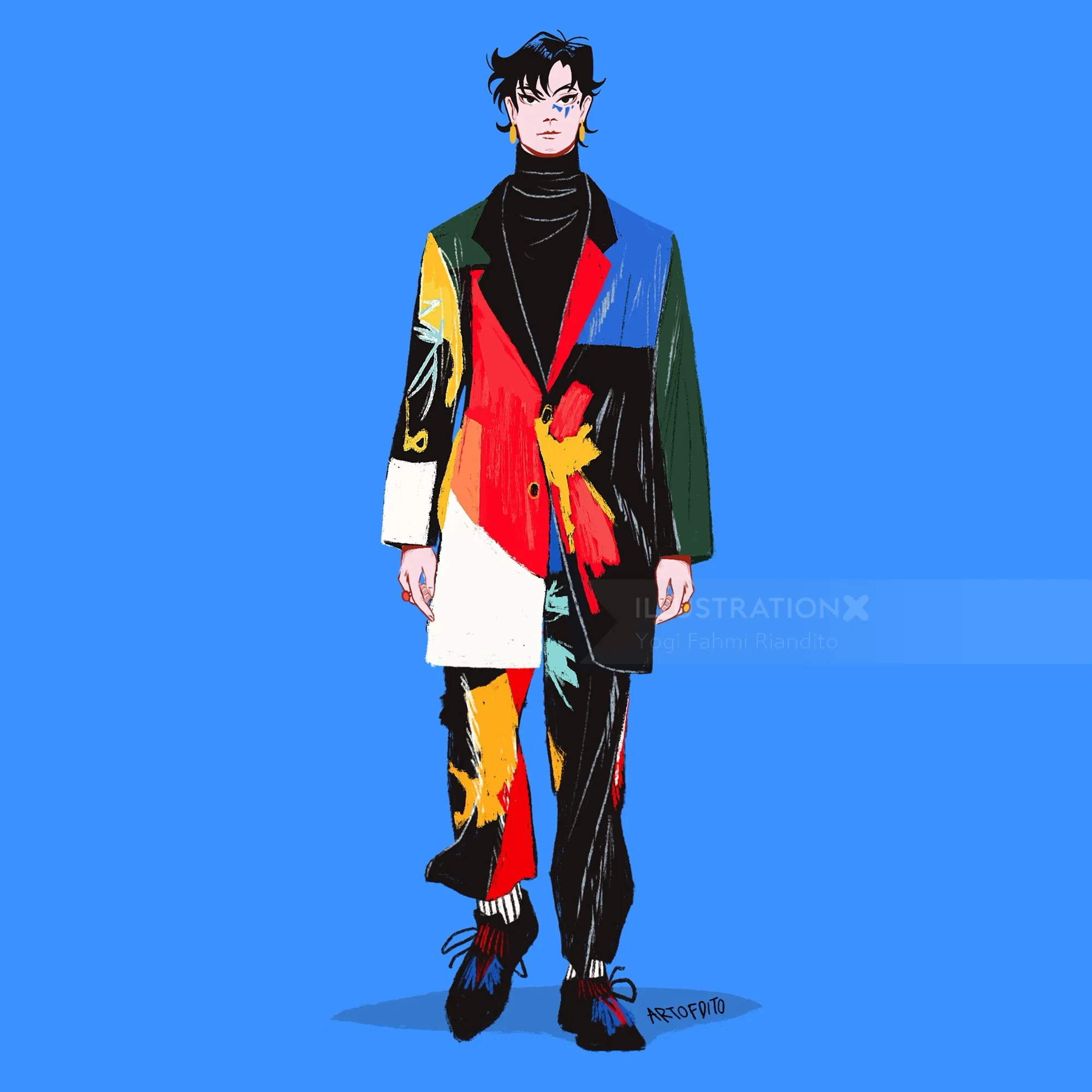 Male model in vibrant patchwork suit on blue background