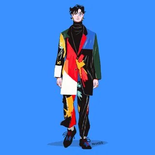 Male model in vibrant patchwork suit on blue background