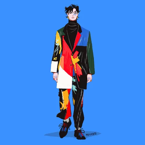 Male model in vibrant patchwork suit on blue background