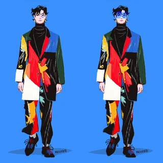 Male model in multicolored patchwork suit on blue background