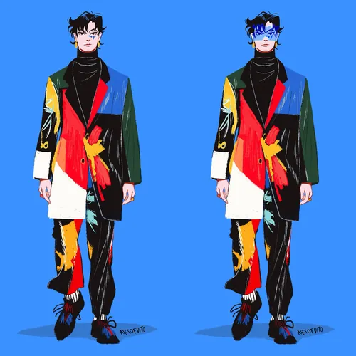 Male model in multicolored patchwork suit on blue background