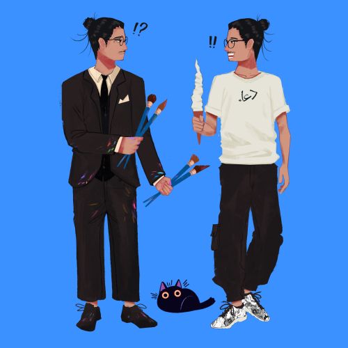 Two men in different outfits holding paintbrushes and cotton candy, with surprised expressions.
