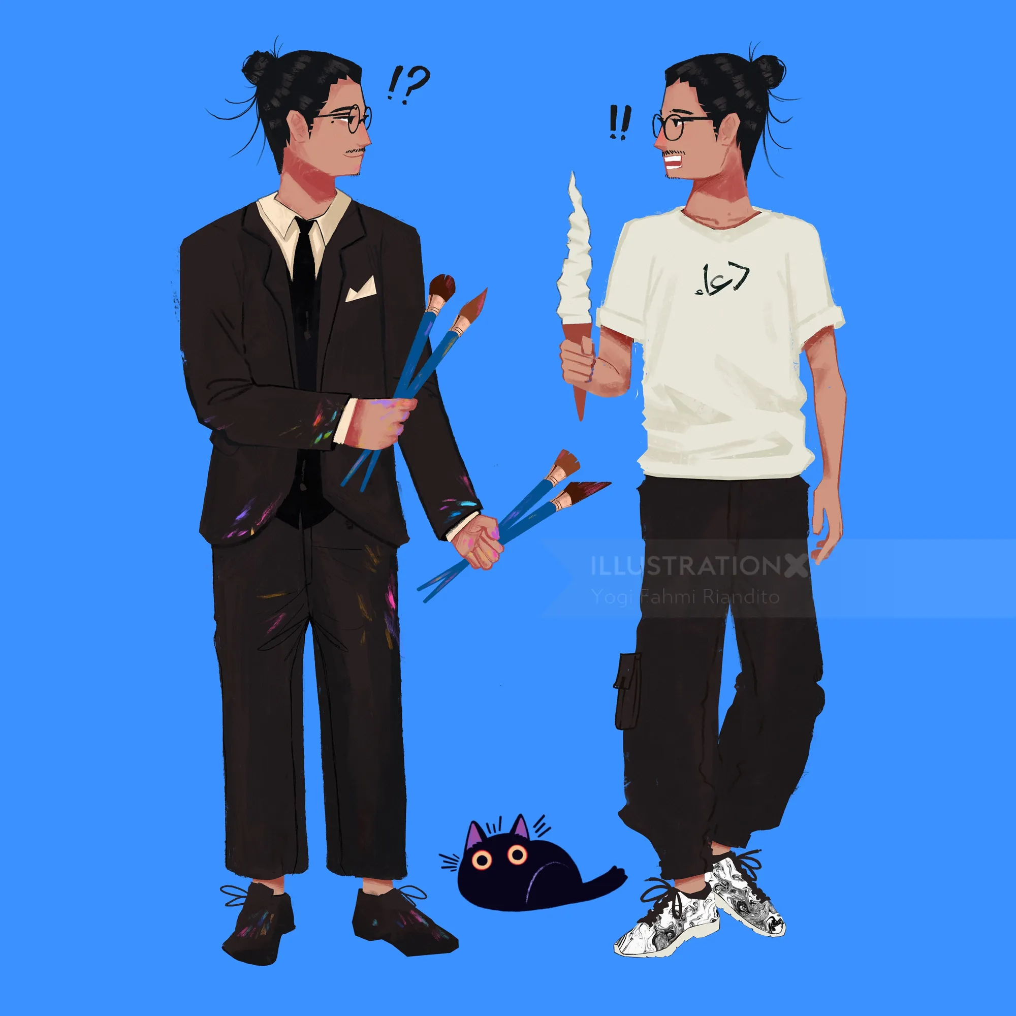 Two men in different outfits holding paintbrushes and cotton candy, with surprised expressions.