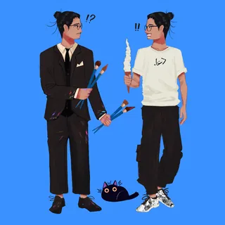 Two men in different outfits holding paintbrushes and cotton candy, with surprised expressions.