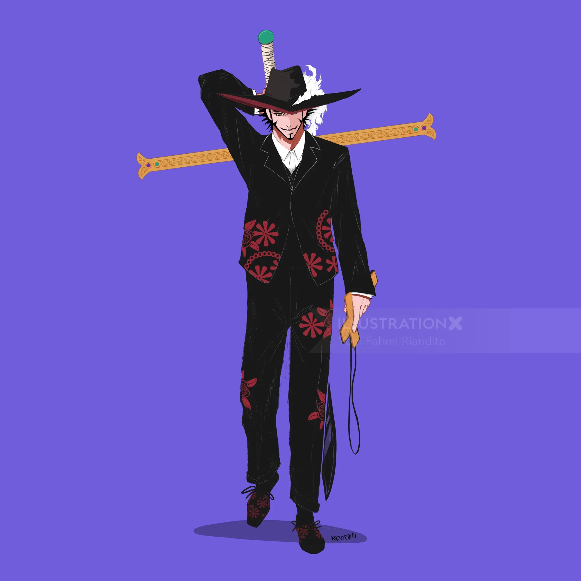 Man in black suit and hat with sword on back and whip in hand