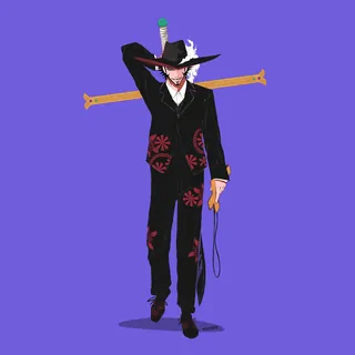 Man in black suit and hat with sword on back and whip in hand